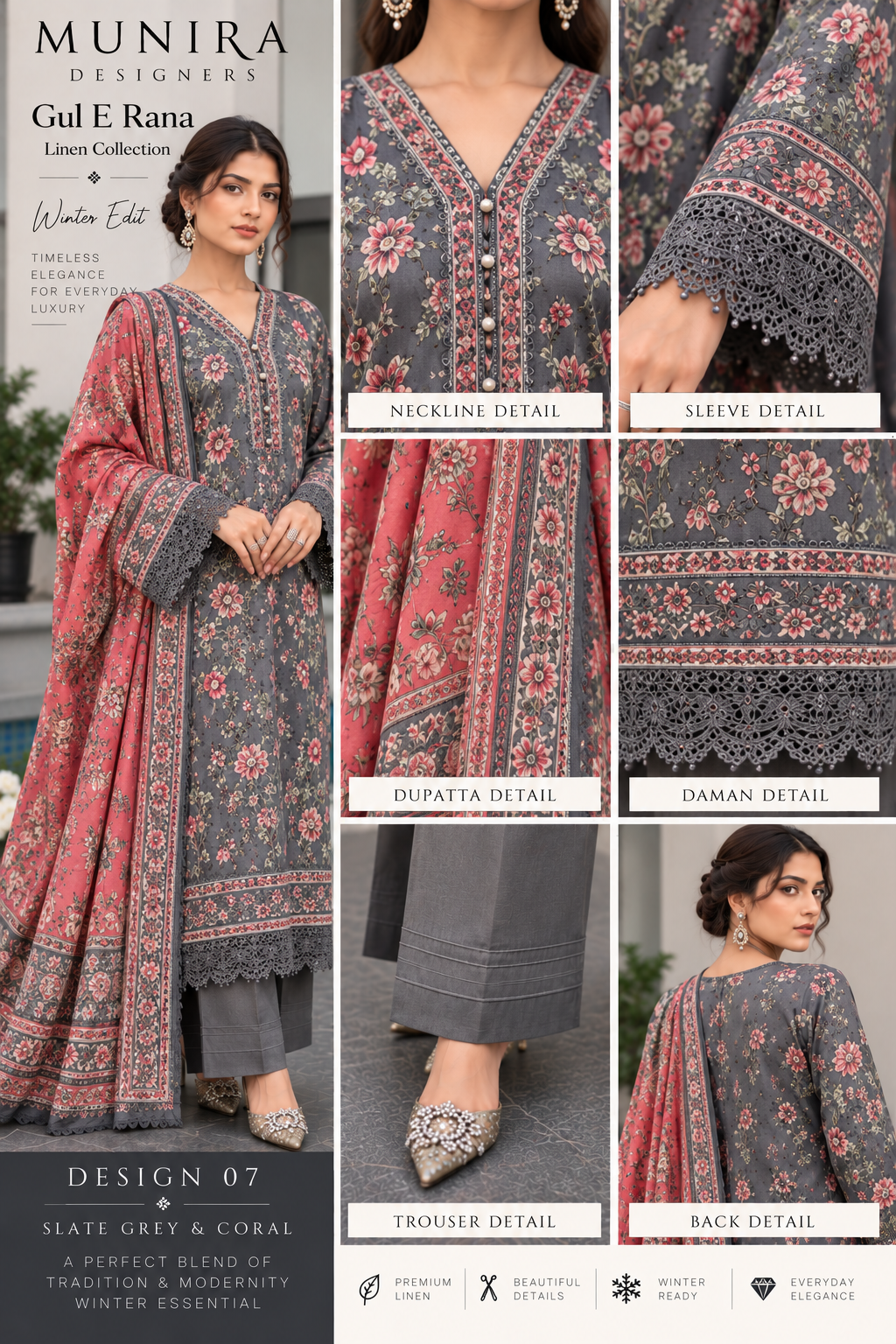 Munira Designers Gul E Rana Linen 3 Piece Suit – Slate Grey & Coral MT07
