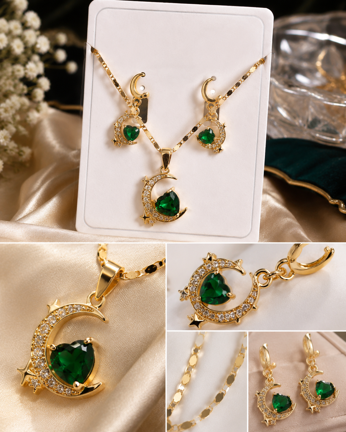 Green Heart Moon & Star Jewellery Set – Necklace & Earrings MT02