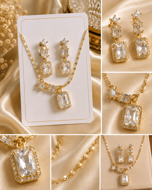 Radiant Crystal Gold Necklace & Earrings Set – Women’s Jewellery MT08
