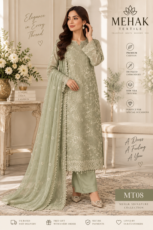 Mehak Signature Sage Green Embroidered Chiffon 3 Piece Suit MT 08