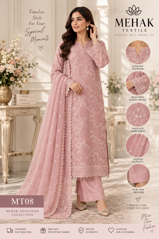 Mehak Signature Dusty Pink Embroidered Chiffon 3 Piece Suit – MT09