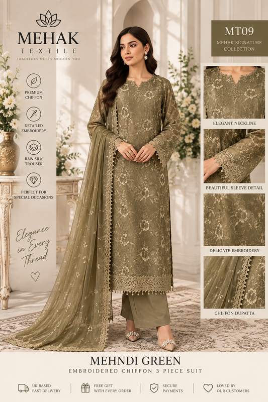 Mehak Signature Mehndi Green Embroidered Chiffon 3 Piece Suit – MT09