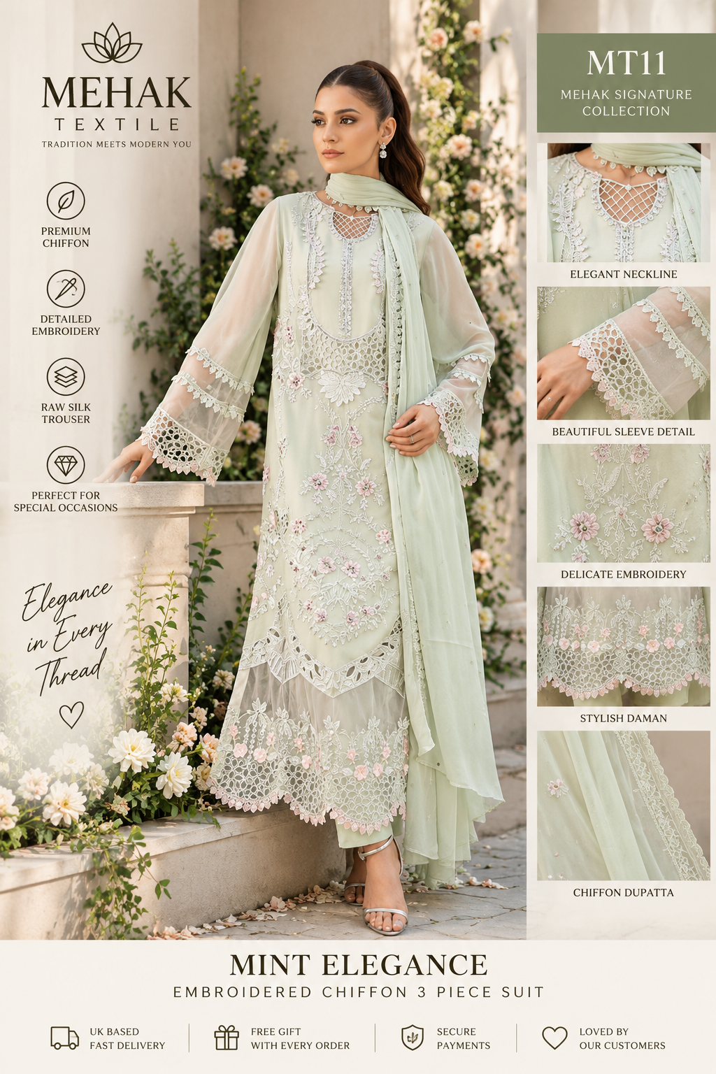 Mehak Signature Mint Green Embroidered Chiffon 3 Piece Suit – MT11
