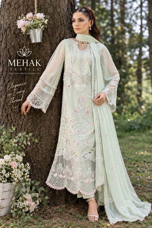 Mehak Signature Mint Green Embroidered Chiffon 3 Piece Suit – MT11