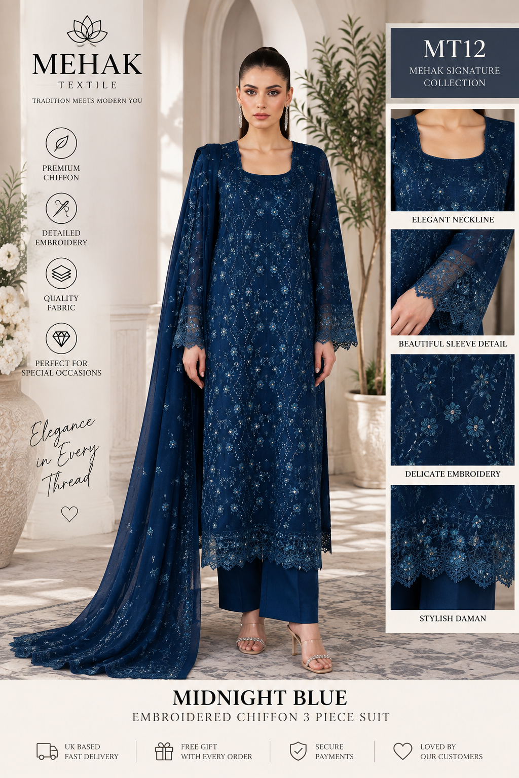 Mehak Signature Midnight Blue Embroidered Chiffon 3 Piece Suit – MT12