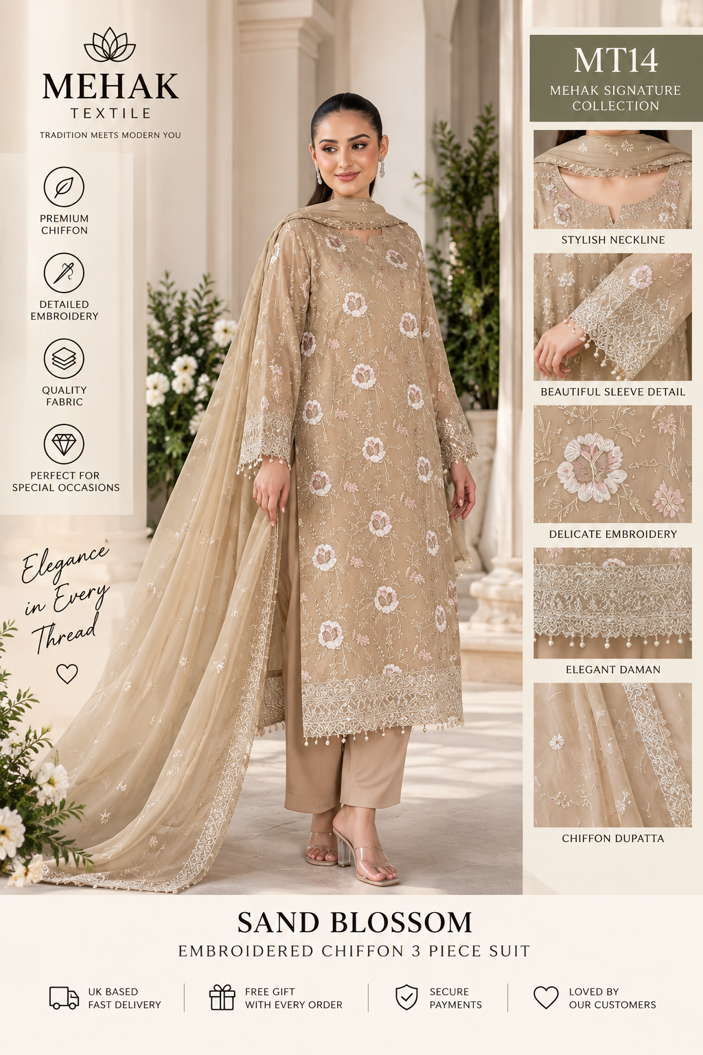 Mehak Signature Sand Blossom Embroidered Chiffon 3 Piece Suit – MT14