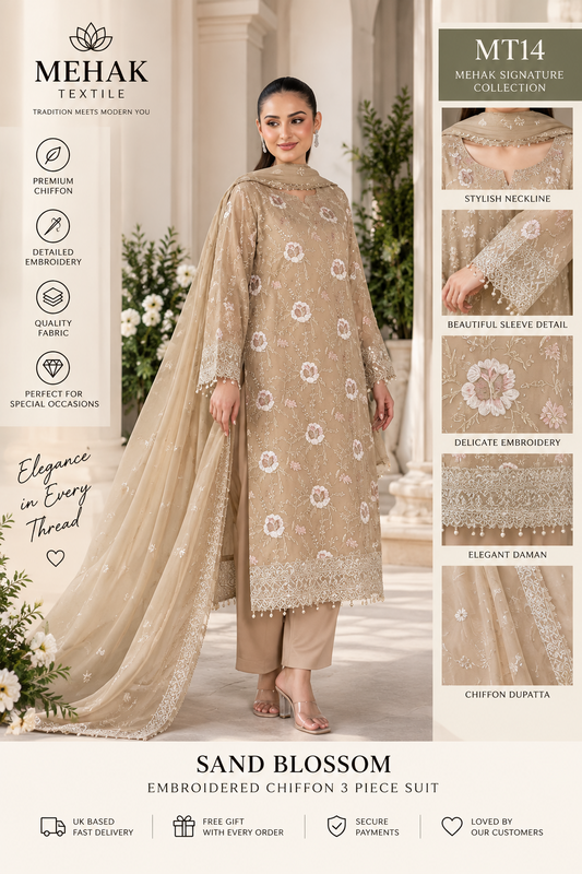 Mehak Signature Sand Blossom Embroidered Chiffon 3 Piece Suit – MT14