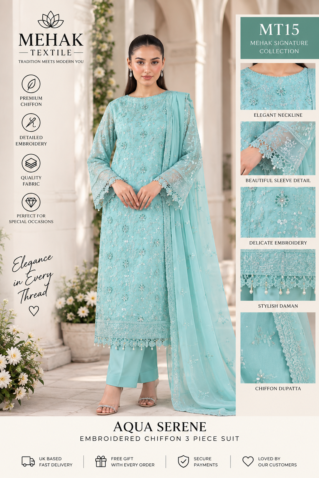 Mehak Signature Aqua Serene Embroidered Chiffon 3 Piece Suit – MT15