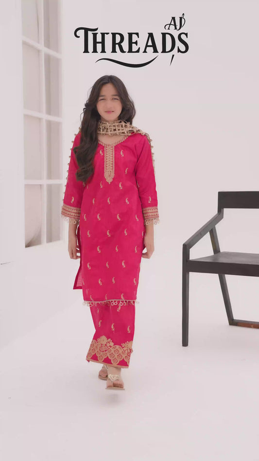 AJ Threads Embroidered Raw Silk Kids Suit with Sheesh Dupatta - Ruby Pink KT03