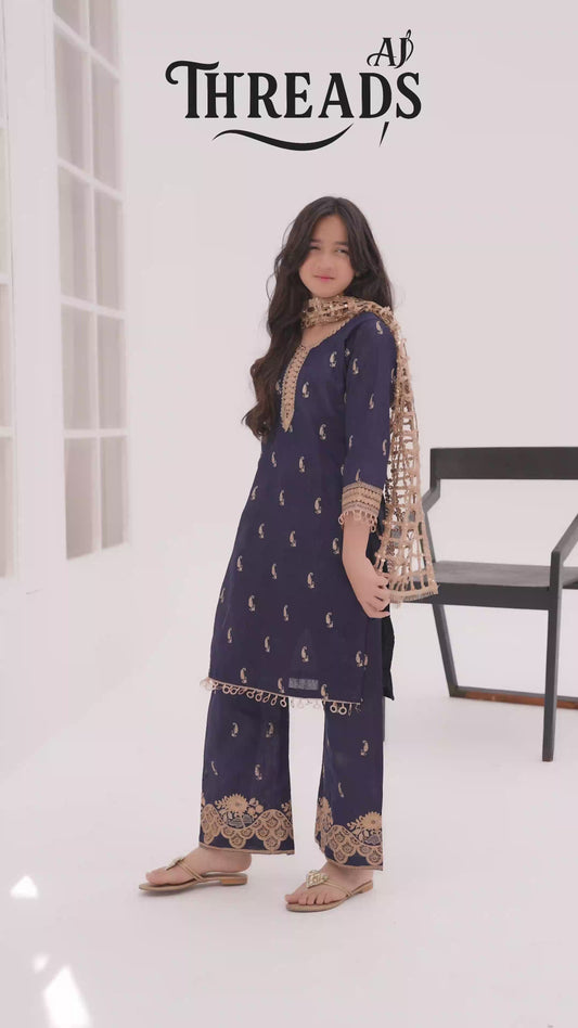 AJ Threads Embroidered Raw Silk Kids Suit with Sheesh Dupatta - Midnight Navy KT02